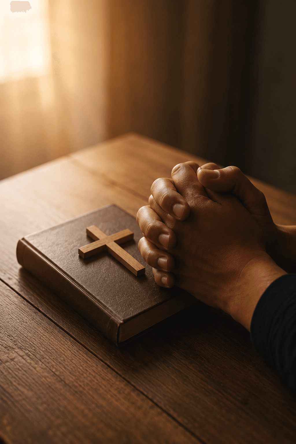 Hands resting on a Bible in prayer